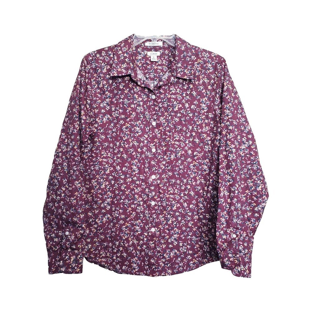 LL Bean Women's Maroon Wrinkle Free Cotton Floral Button-Up Shirt Size Medium